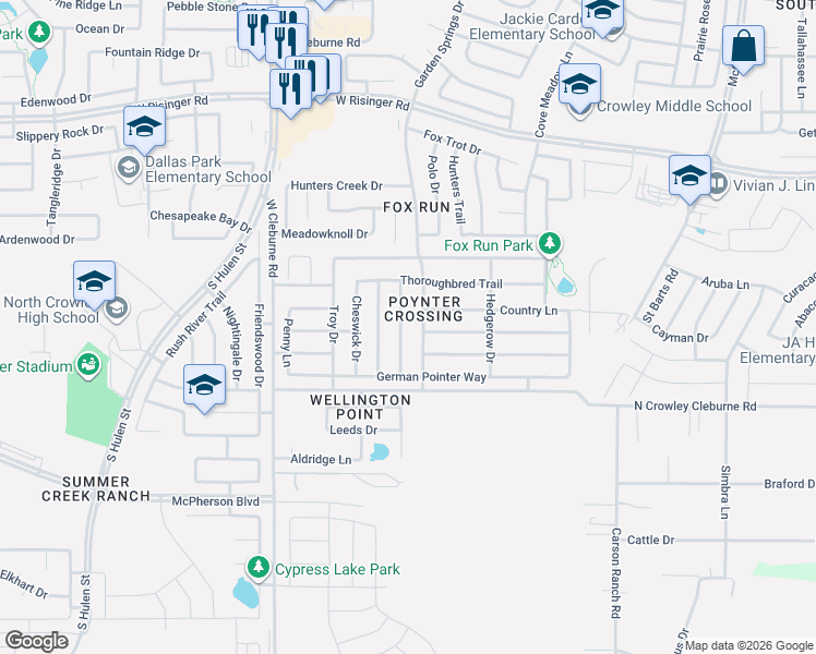 map of restaurants, bars, coffee shops, grocery stores, and more near 9104 Garden Springs Drive in Fort Worth