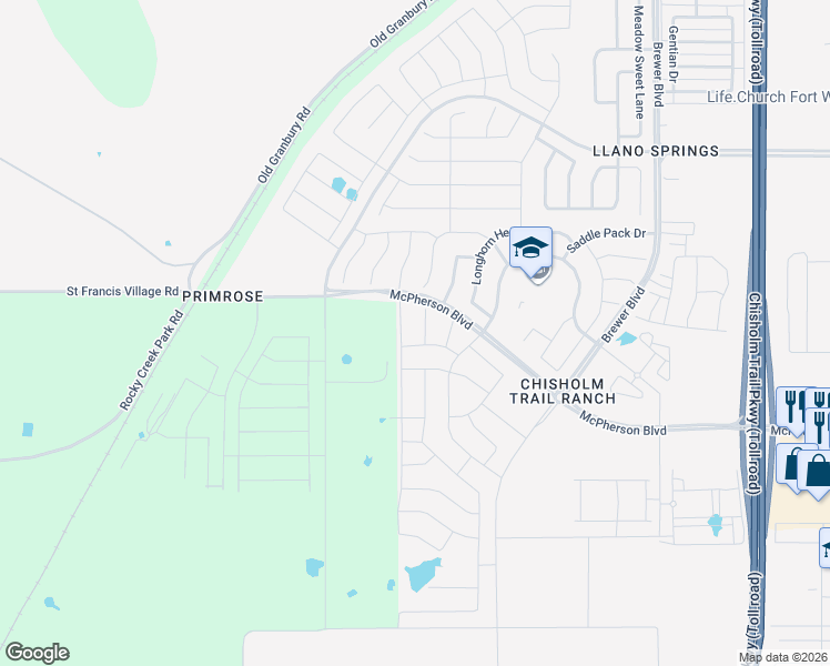 map of restaurants, bars, coffee shops, grocery stores, and more near 9625 Old Granbury Road in Crowley