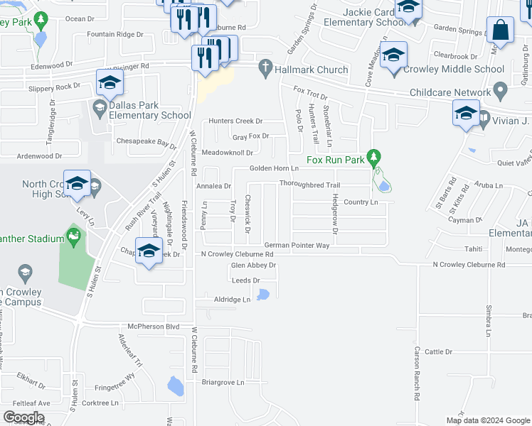 map of restaurants, bars, coffee shops, grocery stores, and more near 9105 Old Clydesdale Drive in Fort Worth