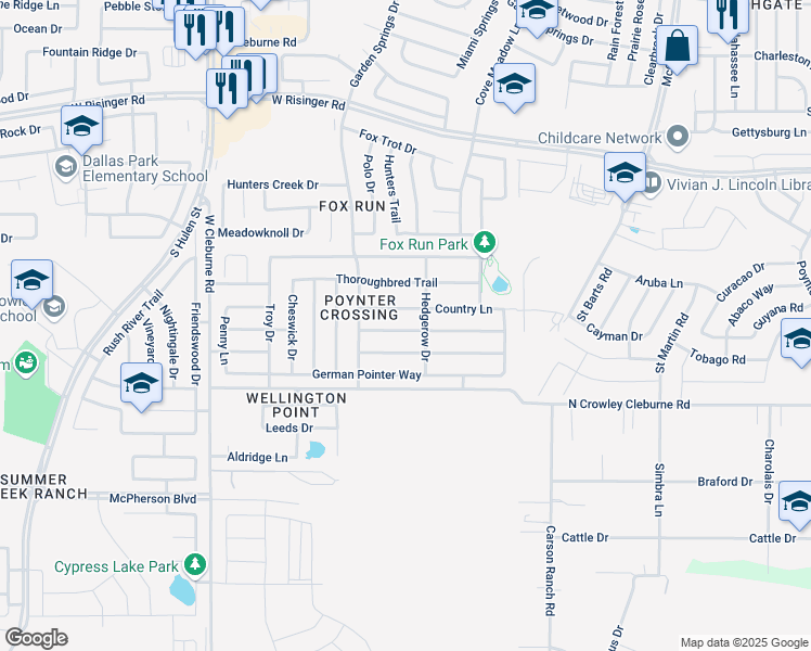 map of restaurants, bars, coffee shops, grocery stores, and more near 4009 Country Lane in Fort Worth