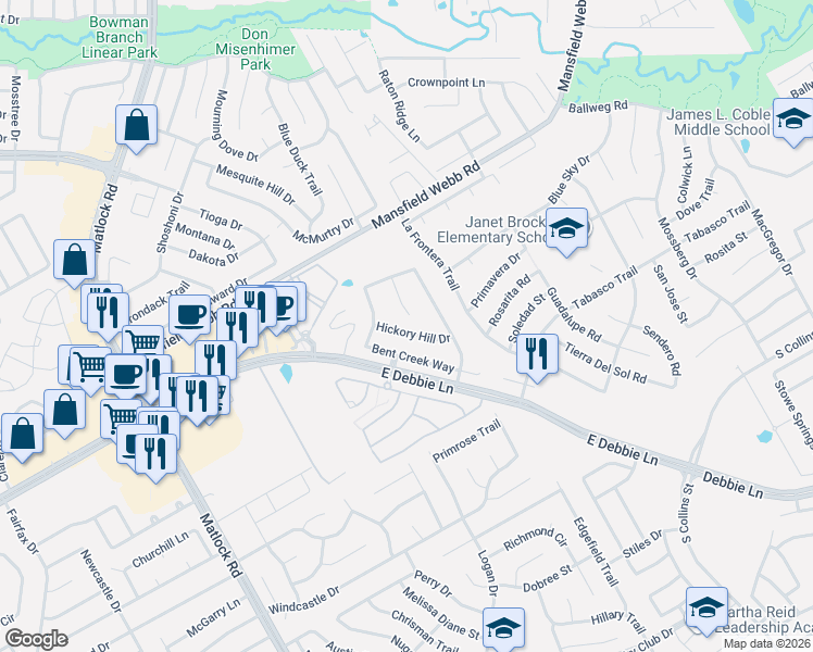 map of restaurants, bars, coffee shops, grocery stores, and more near 3215 Western Bluff Court in Mansfield