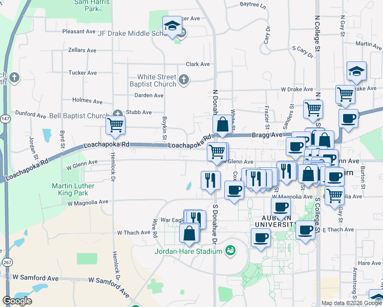 map of restaurants, bars, coffee shops, grocery stores, and more near 544 West Glenn Avenue in Auburn