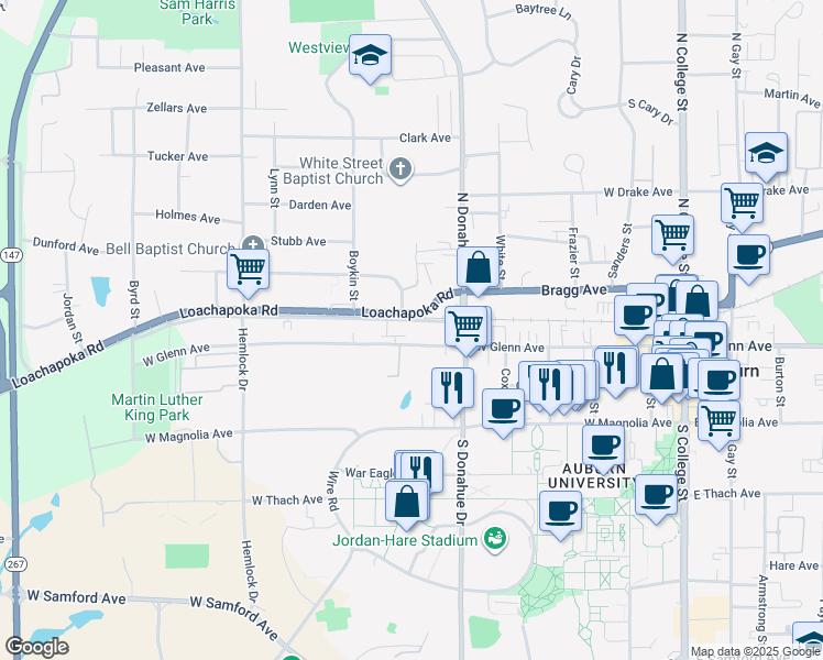 map of restaurants, bars, coffee shops, grocery stores, and more near 544 West Glenn Avenue in Auburn