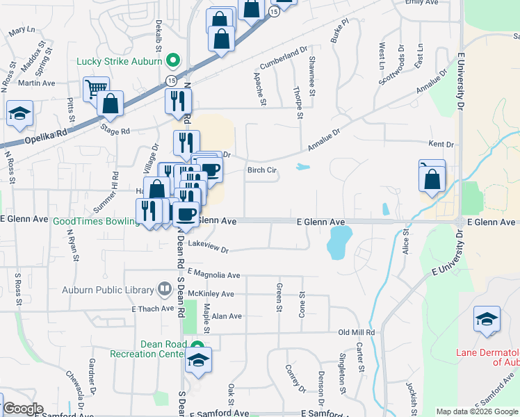 map of restaurants, bars, coffee shops, grocery stores, and more near 1027 East Glenn Avenue in Auburn