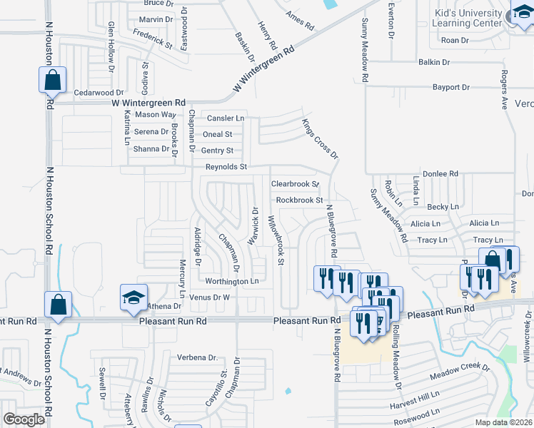 map of restaurants, bars, coffee shops, grocery stores, and more near 1534 Rockbrook Street in Lancaster