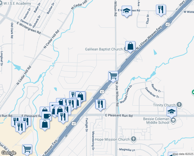map of restaurants, bars, coffee shops, grocery stores, and more near 1101 J Elmer Weaver Freeway in Cedar Hill