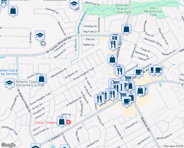 map of restaurants, bars, coffee shops, grocery stores, and more near 3002 Saint Amanda Drive in Mansfield