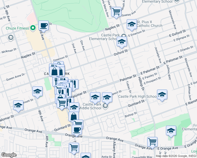 map of restaurants, bars, coffee shops, grocery stores, and more near 130 Glenhaven Way in Chula Vista