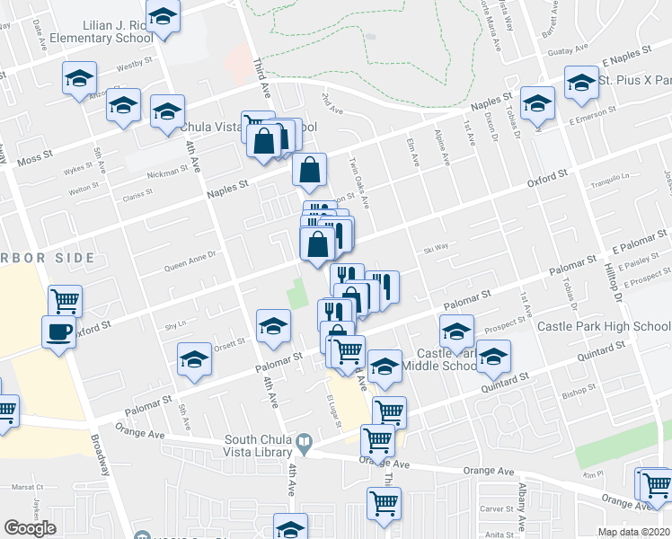 map of restaurants, bars, coffee shops, grocery stores, and more near 1203 3rd Avenue in Chula Vista