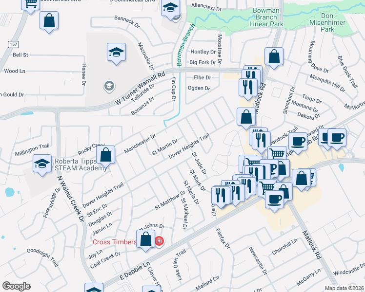 map of restaurants, bars, coffee shops, grocery stores, and more near 3006 Saint Jude Drive in Mansfield