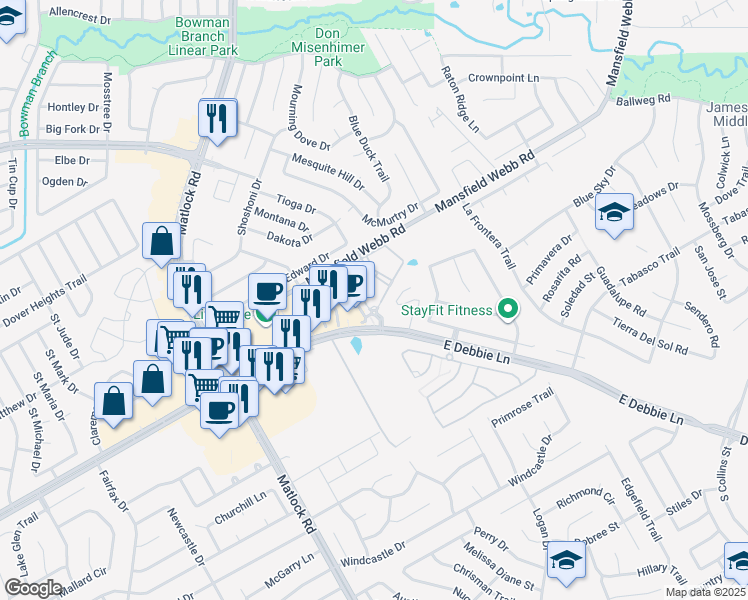 map of restaurants, bars, coffee shops, grocery stores, and more near 1670 Mansfield Webb Road in Mansfield