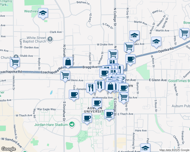 map of restaurants, bars, coffee shops, grocery stores, and more near 260 West Glenn Avenue in Auburn