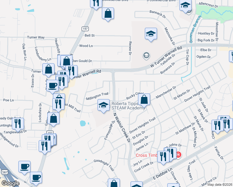 map of restaurants, bars, coffee shops, grocery stores, and more near 3122 Summer Grove Court in Mansfield