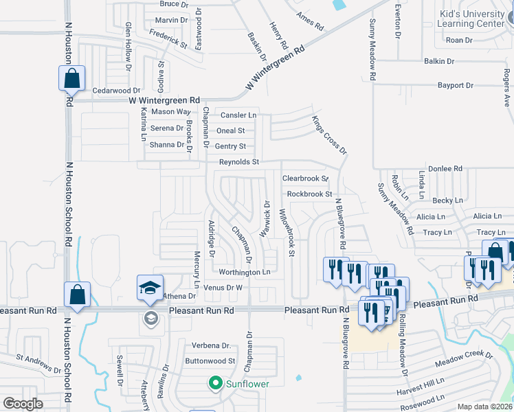 map of restaurants, bars, coffee shops, grocery stores, and more near 1545 Warwick Drive in Lancaster
