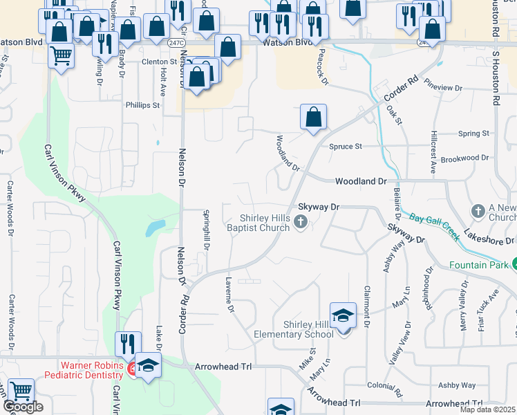 map of restaurants, bars, coffee shops, grocery stores, and more near 63 Skyway Drive in Warner Robins