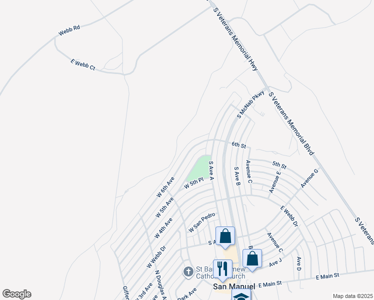map of restaurants, bars, coffee shops, grocery stores, and more near 124 West 6th Avenue in San Manuel