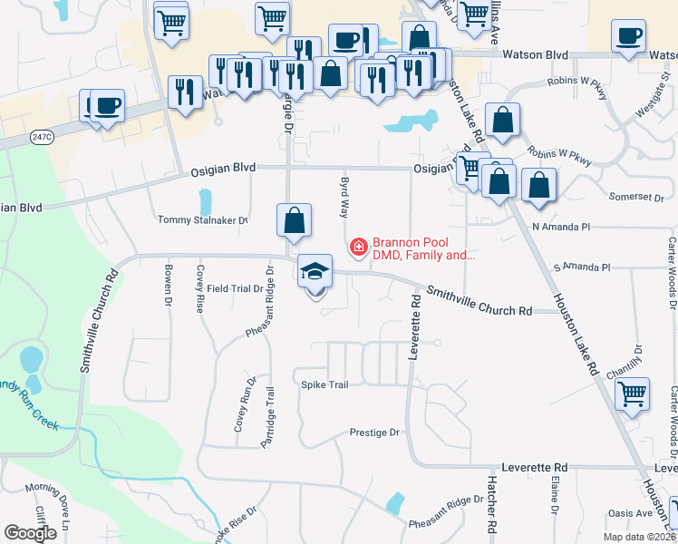 map of restaurants, bars, coffee shops, grocery stores, and more near 263-269 Smithville Church Road in Warner Robins