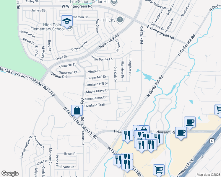 map of restaurants, bars, coffee shops, grocery stores, and more near 1209 Old Oak Drive in Cedar Hill