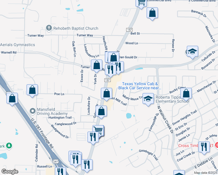 map of restaurants, bars, coffee shops, grocery stores, and more near 2818 Farm to Market Road 157 in Mansfield