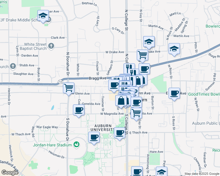 map of restaurants, bars, coffee shops, grocery stores, and more near 250 West Glenn Avenue in Auburn