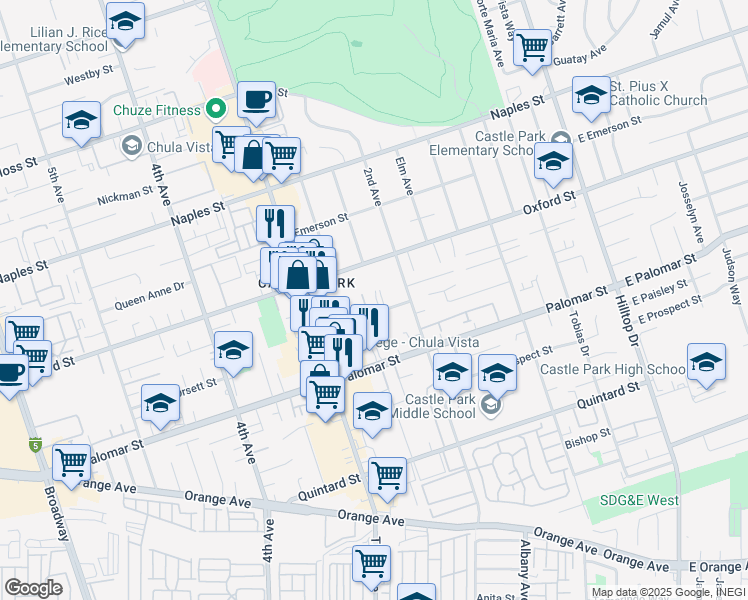 map of restaurants, bars, coffee shops, grocery stores, and more near 228 Kennedy Street in Chula Vista