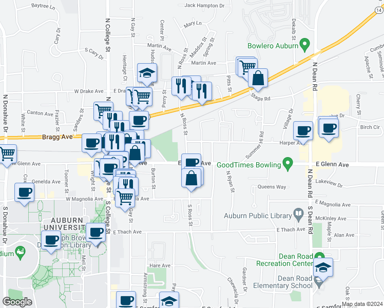 map of restaurants, bars, coffee shops, grocery stores, and more near 210 North Ross Street in Auburn