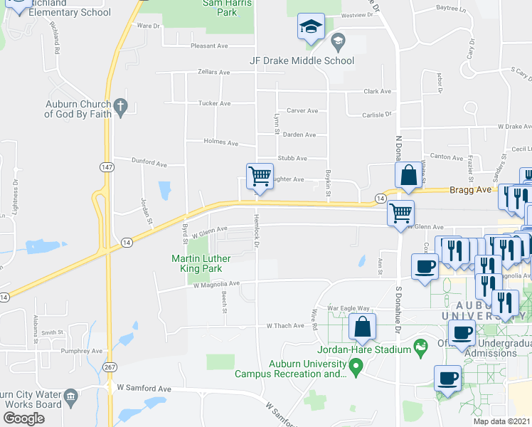 map of restaurants, bars, coffee shops, grocery stores, and more near 836 West Glenn Avenue in Auburn