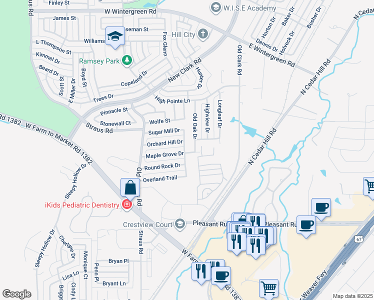 map of restaurants, bars, coffee shops, grocery stores, and more near 1209 Old Oak Drive in Cedar Hill