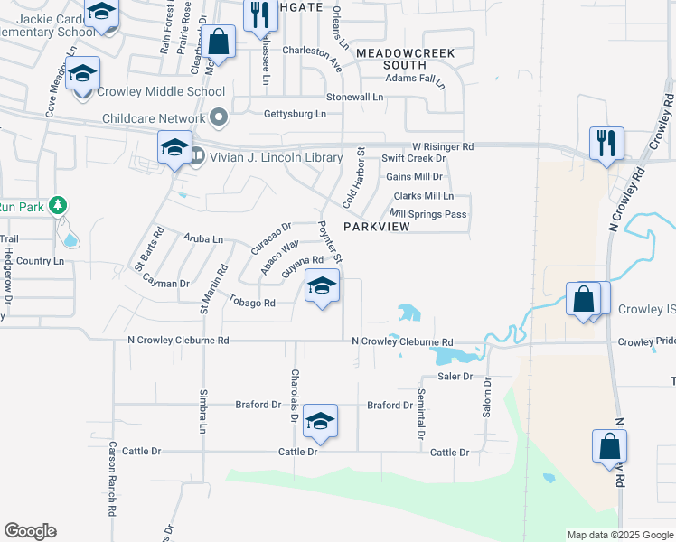map of restaurants, bars, coffee shops, grocery stores, and more near 3124 Guyana Road in Fort Worth