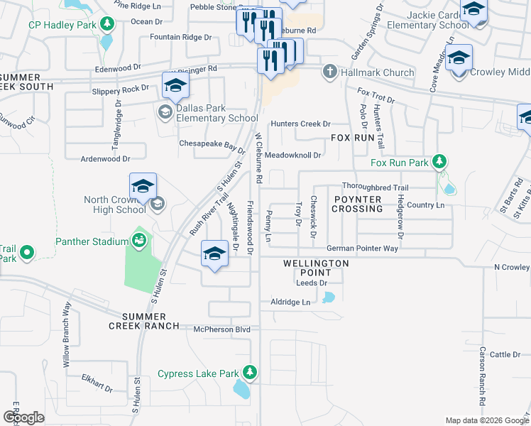 map of restaurants, bars, coffee shops, grocery stores, and more near 9112 Penny Lane in Fort Worth