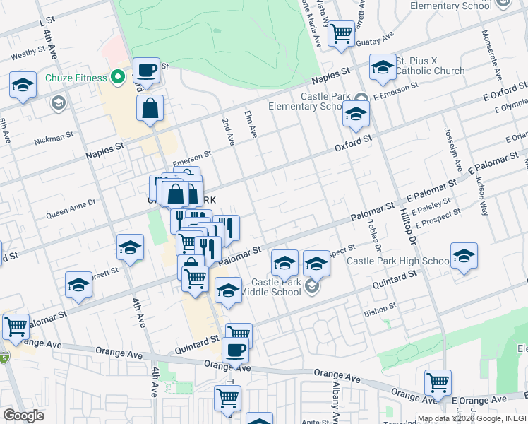 map of restaurants, bars, coffee shops, grocery stores, and more near 1128-2 2nd Avenue in Chula Vista