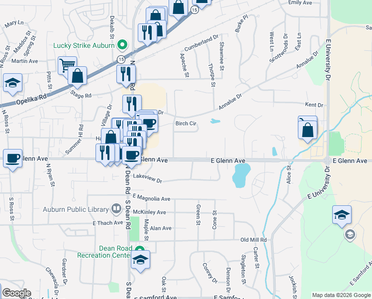 map of restaurants, bars, coffee shops, grocery stores, and more near 1027 East Glenn Avenue in Auburn