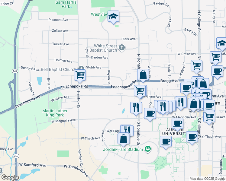 map of restaurants, bars, coffee shops, grocery stores, and more near 617 West Railroad Avenue in Auburn