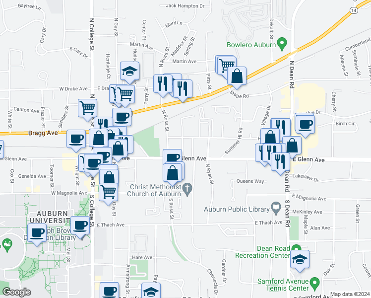 map of restaurants, bars, coffee shops, grocery stores, and more near 218 Cook Street in Auburn