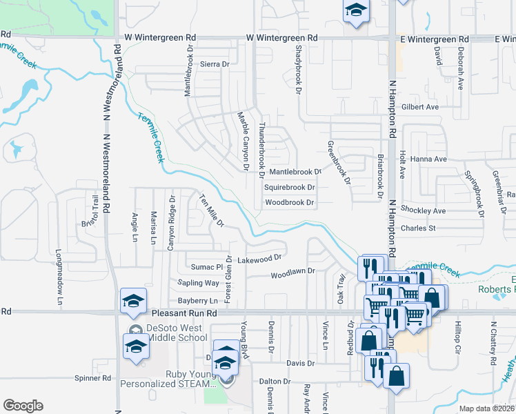 map of restaurants, bars, coffee shops, grocery stores, and more near 1219 Thunderbrook Drive in DeSoto