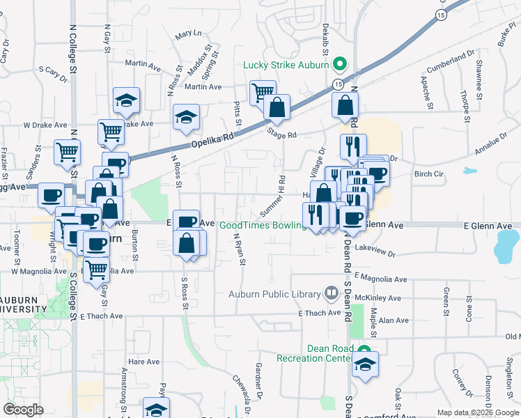 map of restaurants, bars, coffee shops, grocery stores, and more near 231 Summerhill Road in Auburn