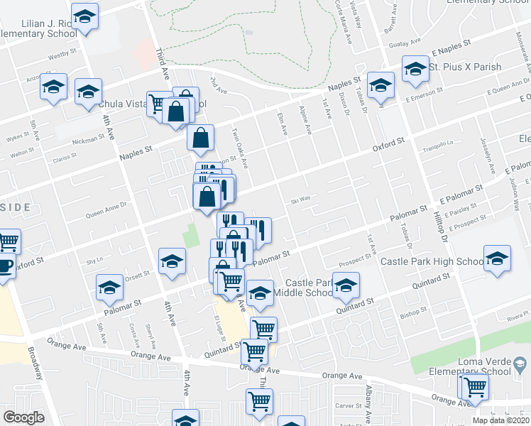 map of restaurants, bars, coffee shops, grocery stores, and more near 228 Kennedy Street in Chula Vista