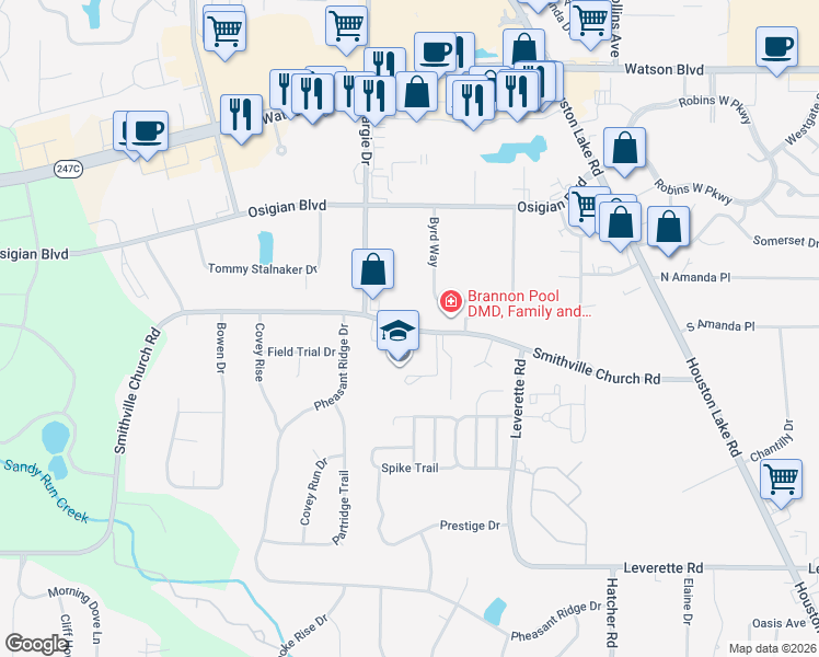 map of restaurants, bars, coffee shops, grocery stores, and more near 269 Smithville Church Road in Warner Robins