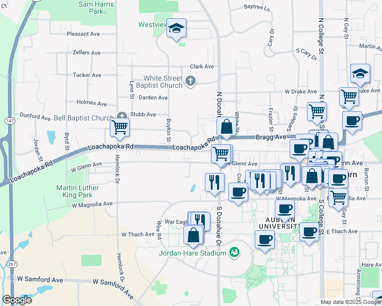 map of restaurants, bars, coffee shops, grocery stores, and more near 577 West Railroad Avenue in Auburn