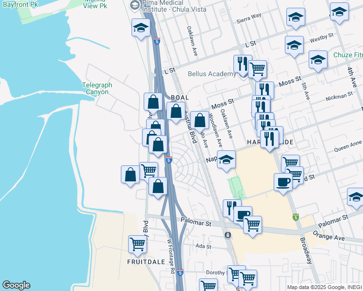 map of restaurants, bars, coffee shops, grocery stores, and more near in Chula Vista