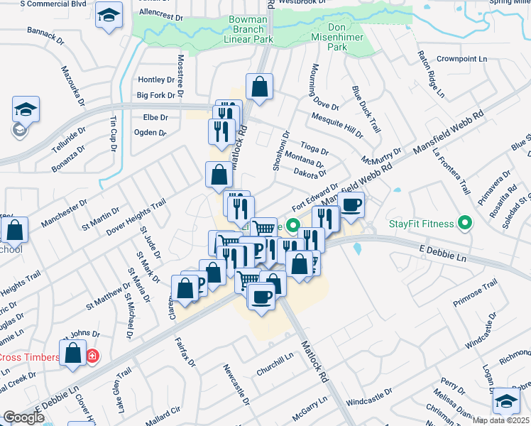 map of restaurants, bars, coffee shops, grocery stores, and more near 107 Adirondack Trail in Arlington