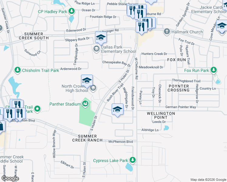 map of restaurants, bars, coffee shops, grocery stores, and more near 4528 Rush River Trail in Fort Worth