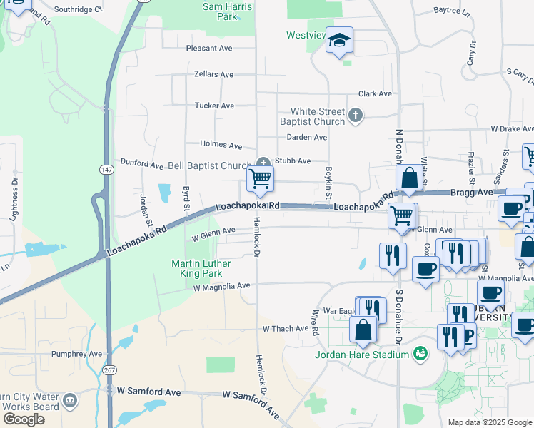 map of restaurants, bars, coffee shops, grocery stores, and more near 836 West Glenn Avenue in Auburn