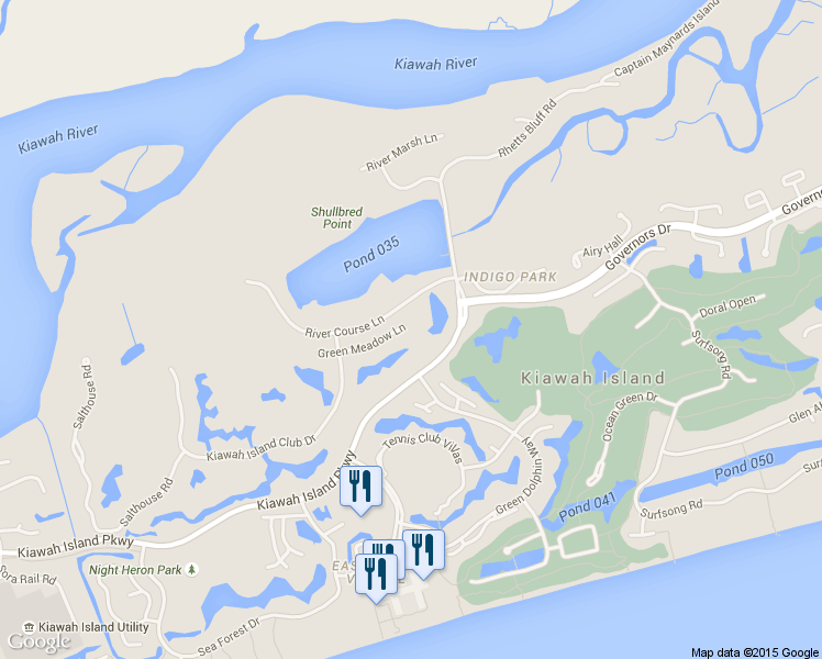 map of restaurants, bars, coffee shops, grocery stores, and more near 12 Green Meadow Dr in Kiawah Island