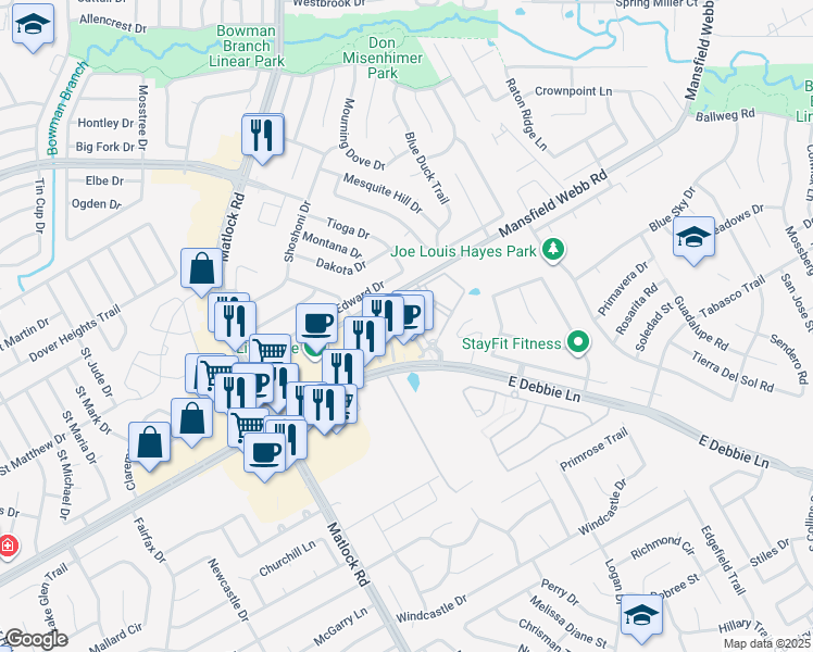 map of restaurants, bars, coffee shops, grocery stores, and more near 1670 Mansfield Webb Road in Mansfield