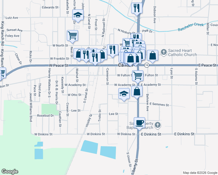 map of restaurants, bars, coffee shops, grocery stores, and more near 325 West Academy Street in Canton