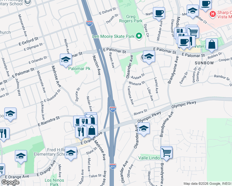 map of restaurants, bars, coffee shops, grocery stores, and more near 1420 Ocala Court in Chula Vista