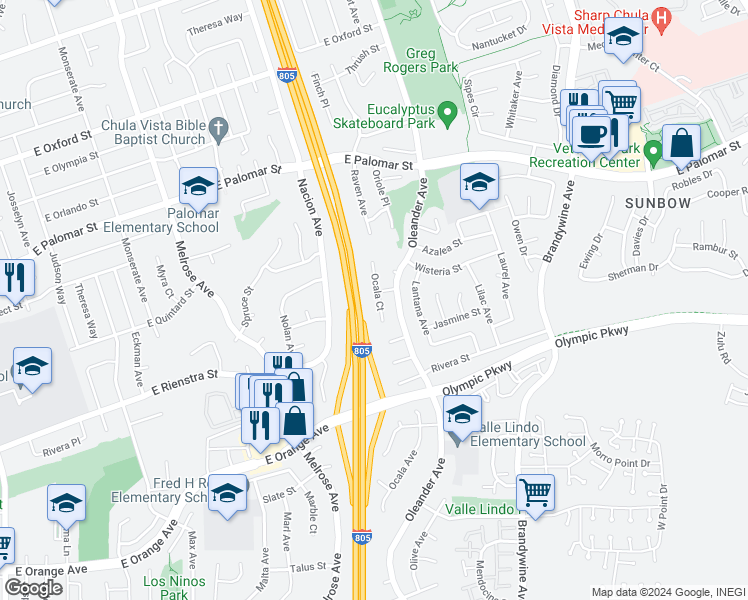 map of restaurants, bars, coffee shops, grocery stores, and more near 1420 Ocala Court in Chula Vista