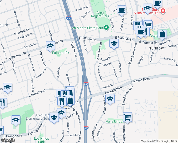 map of restaurants, bars, coffee shops, grocery stores, and more near 1420 Ocala Court in Chula Vista