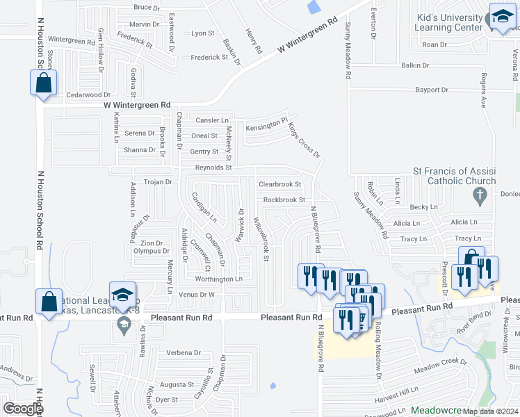 map of restaurants, bars, coffee shops, grocery stores, and more near 1566 Willowbrook Street in Lancaster